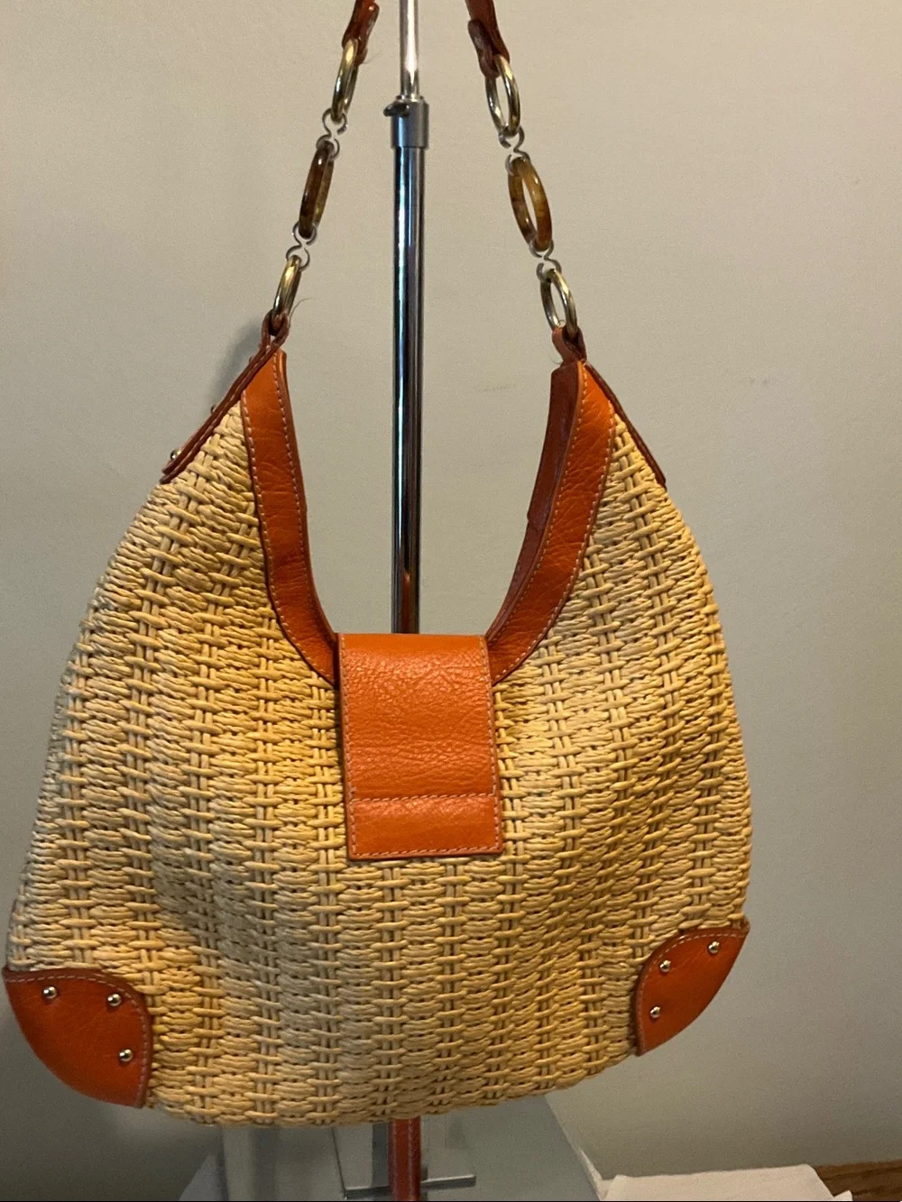 Dolce& Gabbana Vtg.Woven Straw Shoulder Bag with Orange Leather Trim - Picture 6 of 12
